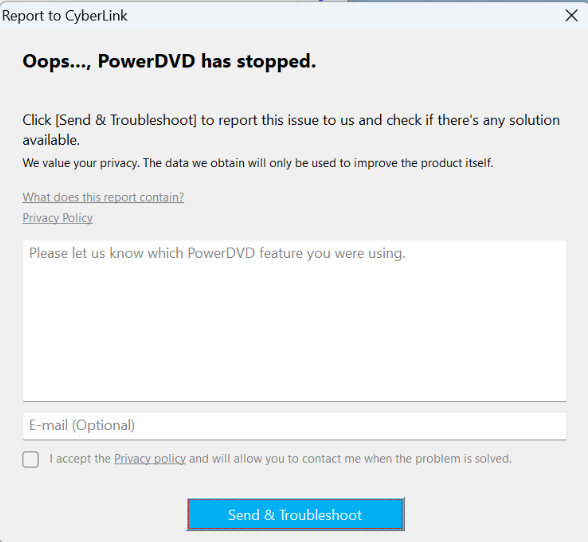 Error: PowerDVD has stopped. What do I do if I encounter